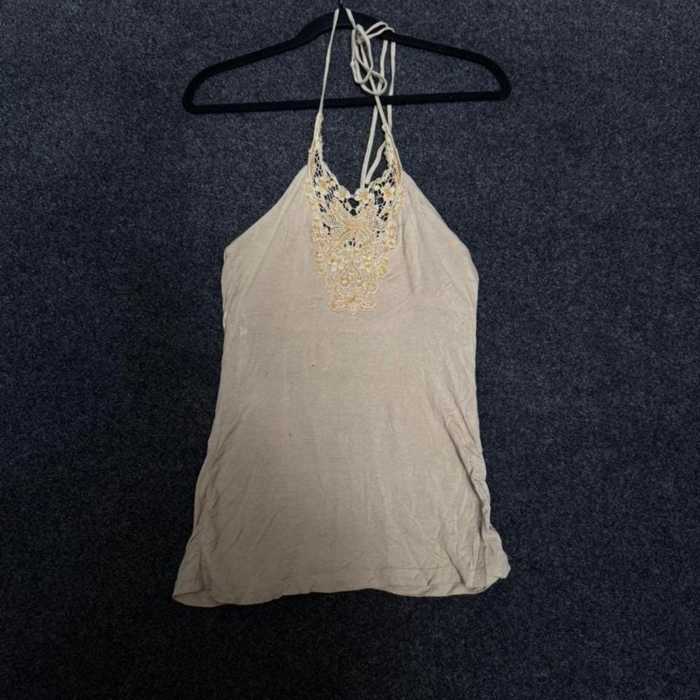 Women's Small beige crochet halter tank top Y2K boho lace beach fairycore